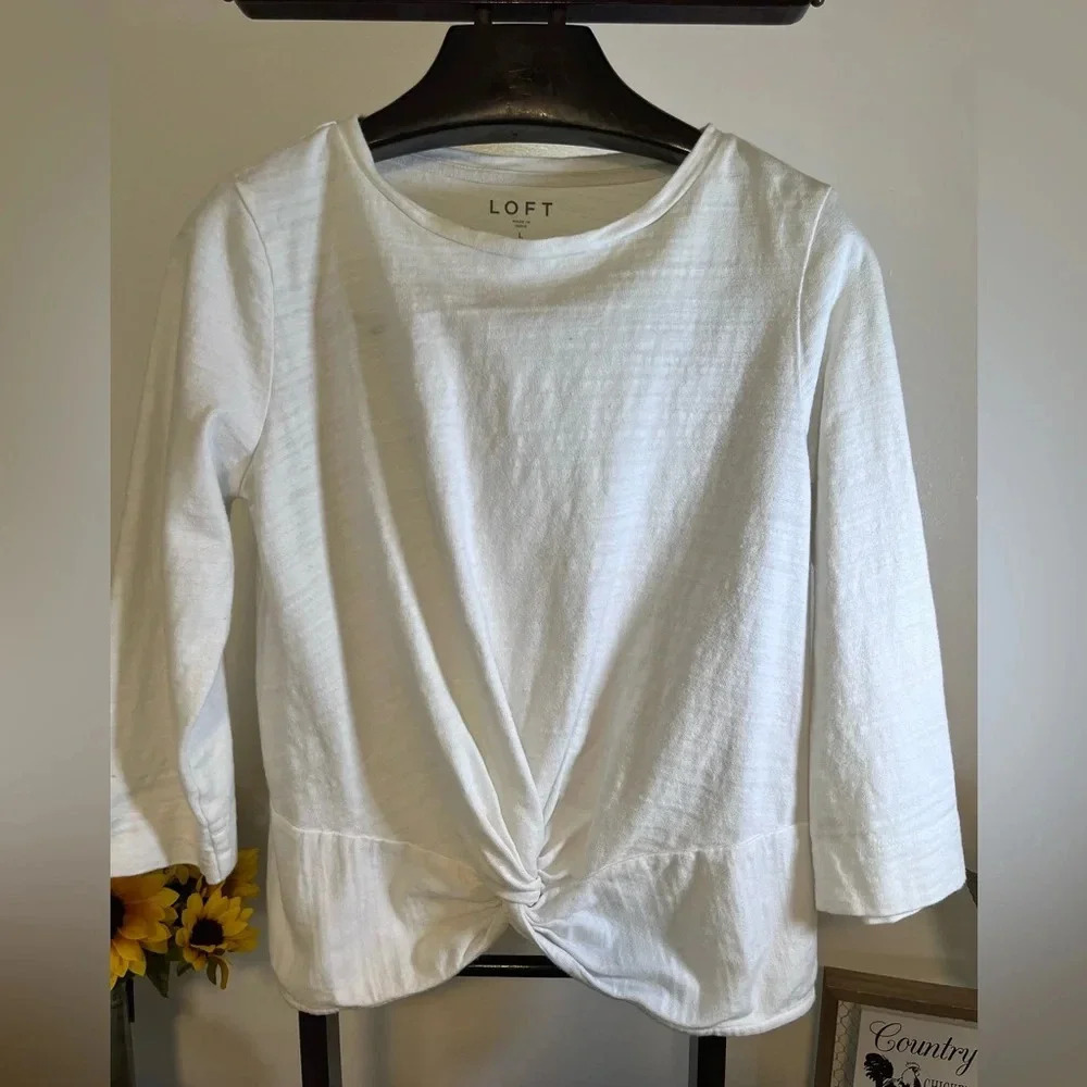 LOFT White Knot-Front Long Sleeve Top L
